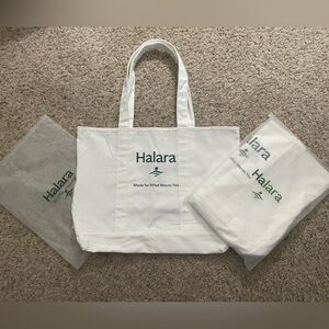 2 NEW Large 20”x15” HALARA White Canvas Tote Bag w/ Green Logo Retail $34 each